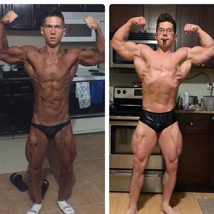 Adapted Physiques client result: Steven, first show vs. fifth prep, about 45 lb of muscle gained
